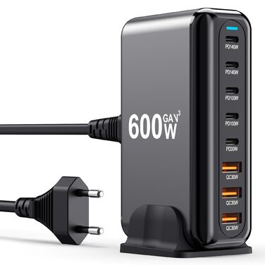 Зарядний пристрій USB-C 600W, 8 портів GaN, швидка зарядка для ноутбука, iPad, iPhone 15 Pro Max, Pixel, Dell, MacBook Pro/Air, Galaxy S25, Steam Deck