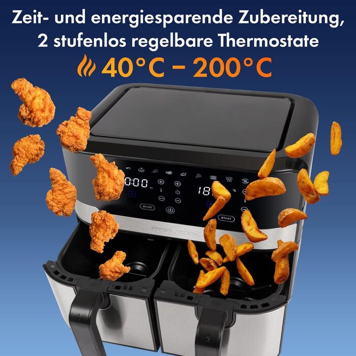 Подвійна аерофритюрниця ProfiCook 9 л XXL, 2400 Вт, 9 програм, сенсорне керування, чорний-нерж, без олії