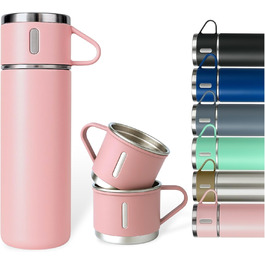 Термофляга 500 мл з нержавіючої сталі – 2 чашки з ручкою – без витоку, BPA-free – з щіткою для чищення – рожева