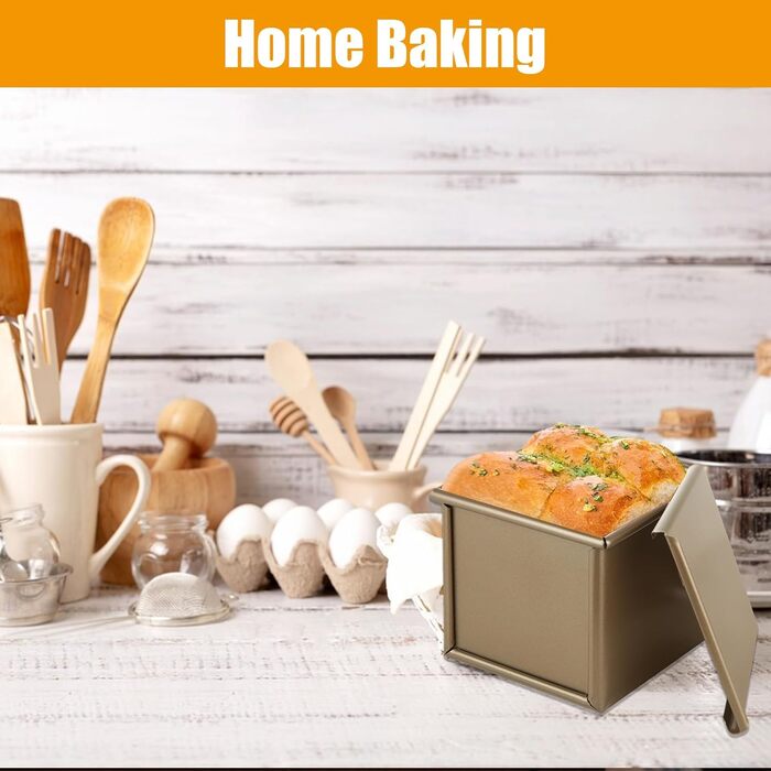 JMIATRY Pullman Loaf Pan with Lid, 240 g, Gold, Non-Stick Coated, Carbon Steel, Loaf Pan for Baking, Toast, Cake, 11 x 11 cm, 2 Pieces