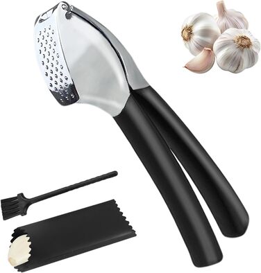 Прес для часнику з нержавіючої сталі - багатофункціональний прес для часнику з силіконовим очищувачем та щіткою для чищення. Прес для часнику, придатний для миття в посудомийній машині. Чорний + срібний