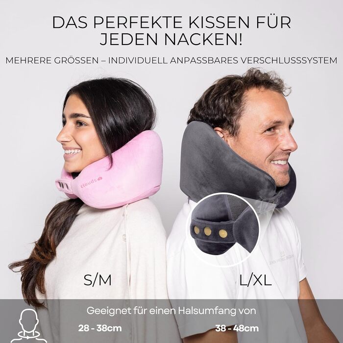 Подушка для шиї CLOUDS для подорожей – Memory Foam, 2 розміри, для дорослих, дихаючий чохол, 5 кольорів (Чорний, S/M)