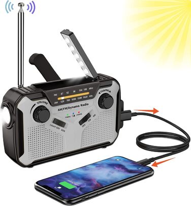 Радіо Solar Radio AM/FM портативне, з ручним генератором, аварійне радіо з акумулятором 4000mAh, ліхтарик, SOS-сигнал для кемпінгу, відпочинку на природі та надзвичайних ситуацій (сірий)