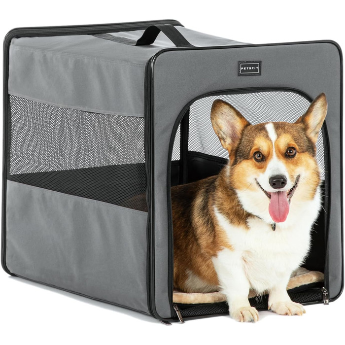 Транспортна переноска для собак Petsfit, сіра, M (61x46x53.5 см) з м'якою підстилкою