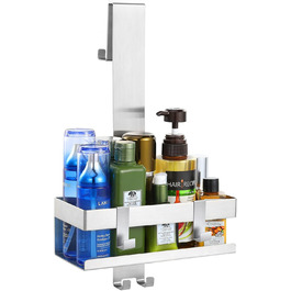 Emibele Shower Shelf for Hanging, Stainless Steel Shower Shelf No Drilling, Bathroom Shelf No Drilling with Hooks, Shampoo Lotion Holder, Shower Basket Towel Holder Wall Shelf for Glass Door Bathroom, Silver