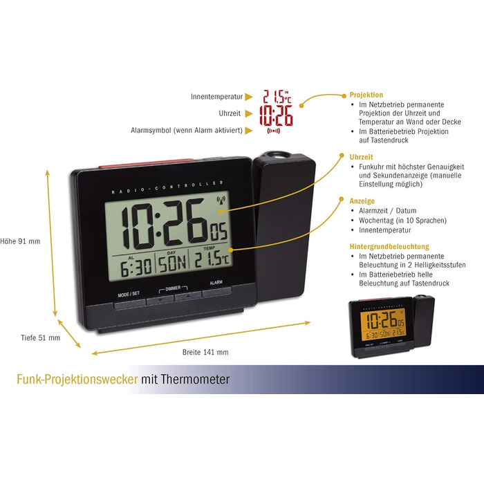 TFA Dostmann Projection Alarm Clock, Radio-Digital Alarm Clock with Projection, 60.5016, with Temperature Display, Snooze, Multi-Language Weekday, Adjustable Display Illumination, Black