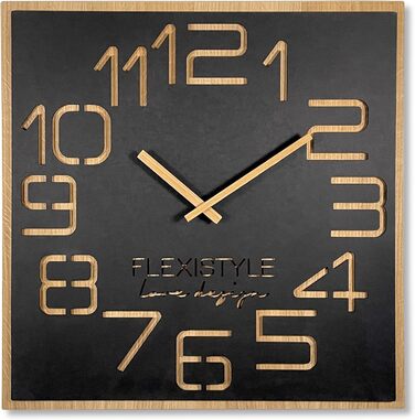 FLEXISTYLE Wall Clock Large Wood-Look Wood Digits ECO, Square Silent, Living Room, Bedroom, Made in EU (Black, 60 cm)