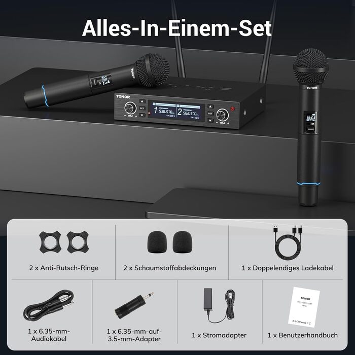 TONOR TW750 Бездротовий мікрофон UHF з регулюванням, 2 шт., 100м радіус дії, світлодіодний індикатор, автосканування, для караоке, церкви, вечірок