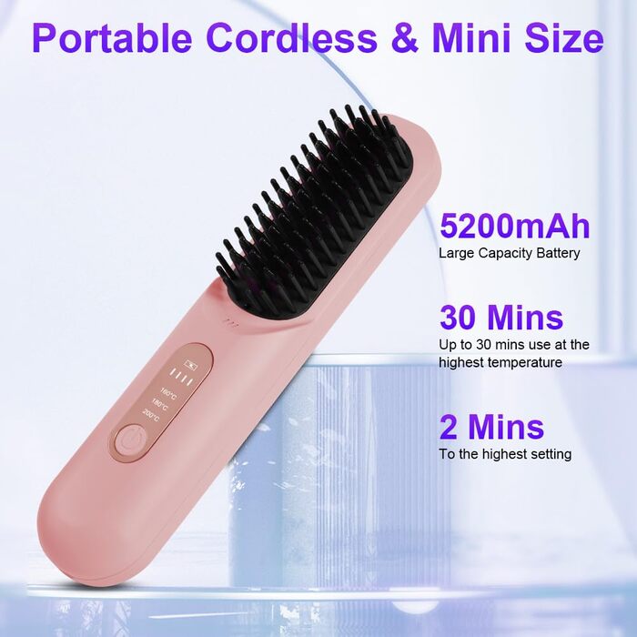 Бездротова випрямляч для волосся LOPHE з LED-дисплеєм, 3 температурні режими, акумулятор, для випрямлення волосся та бороди, білий (рожевий)