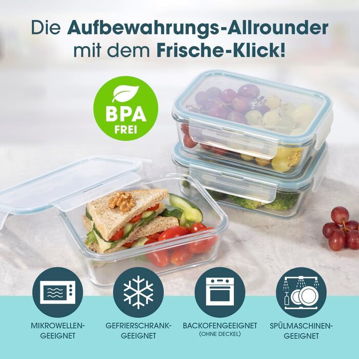 Набір контейнерів для зберігання їжі GOURMETmaxx Klick-it 6 шт. (0,9л) - сині, для Meal Prep, мікрохвильовки, морозилки, з силіконовою ущільнювальною кільцем