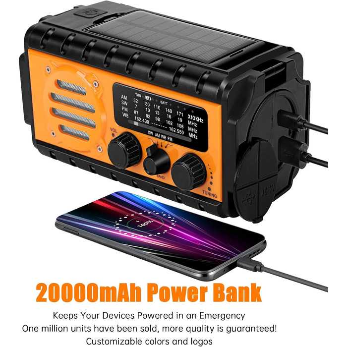 Радіо на сонячній батареї та ручному заводі 20000 mAh з динамо-машиною, USB-зарядка, ліхтарик, SOS, для дому та надзвичайних ситуацій (Помаранчевий)