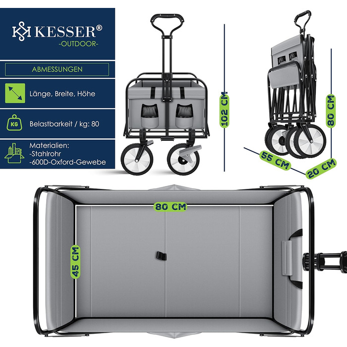 KESSER® Folding Bollerwagen (Hand Cart, Transport Cart) - Max. 150kg Load Capacity & 360° PVC Tires - Utility Wagon including 2 Mesh Bags, Side Pocket & Cover - Transport Cart, Garden Trailer without Roof, Blue (Grey / Black)