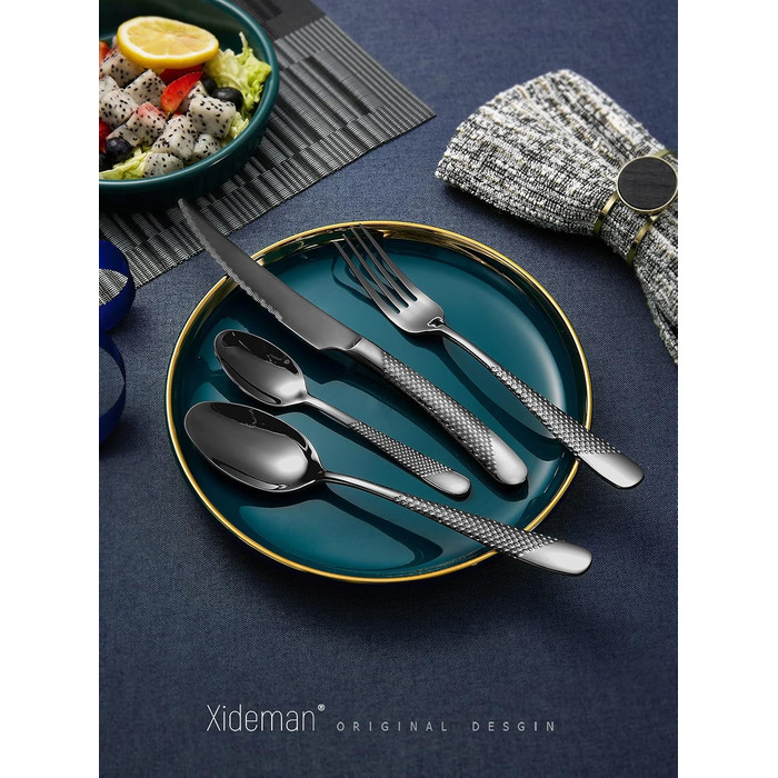 Набір столових приборів на 6 осіб, 24 предмети, чорний, нержавіюча сталь 18/10, з титановим покриттям, сучасний дизайн, ніж з двостороннім лезом, для мийки в посудомийній машині