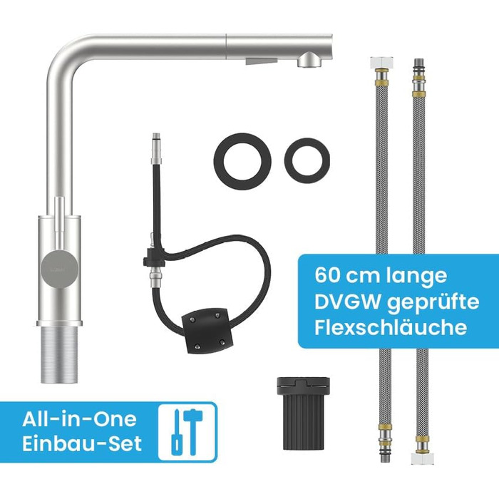 Кухонний змішувач Bächlein Varvaro – поворотний на 360° з висувним шлангом та душем – нержавіюча сталь