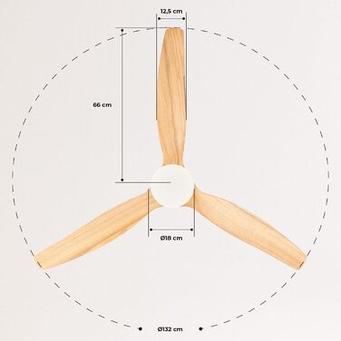 Вентилятор стельовий WINDCALM ABS білий з пультом, 40W, Ø132cm, 6 швидкостей, таймер, DC-двигун, літньо-зимовий режим, з підсвічуванням, колір світлого дерева