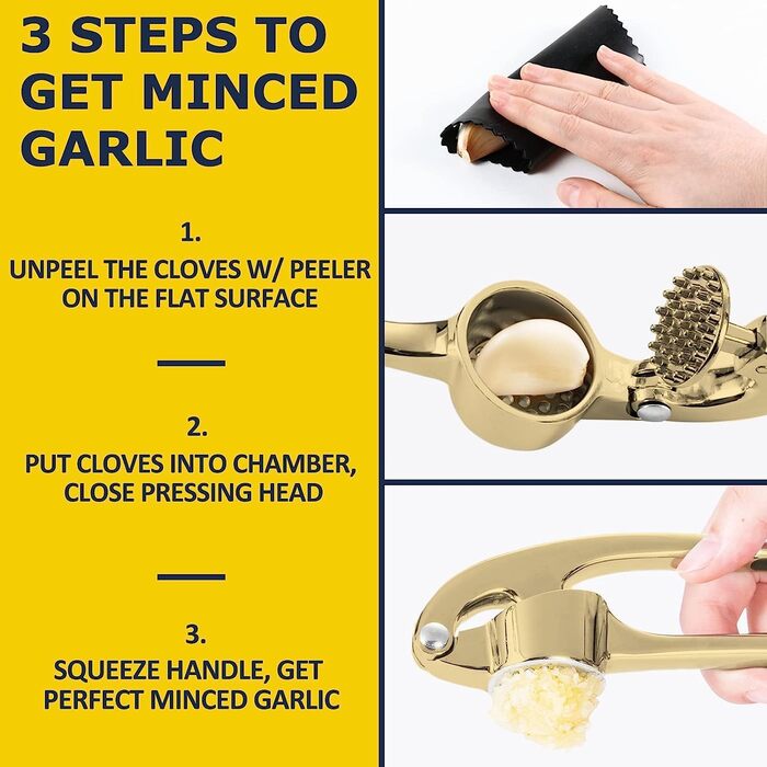 Преміум-нічна прес для часнику з нержавіючої сталі – підвищує якість вашого кулінарного досвіду. Набір прес, подрібнювач та лущильник часнику, стійкий до миття в посудомийній машині та нержавіючий (Золото)