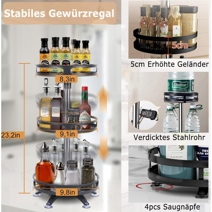 Організатор для спецій, поворотний на 360°, 3 яруси, з нержавіючої сталі, чорний