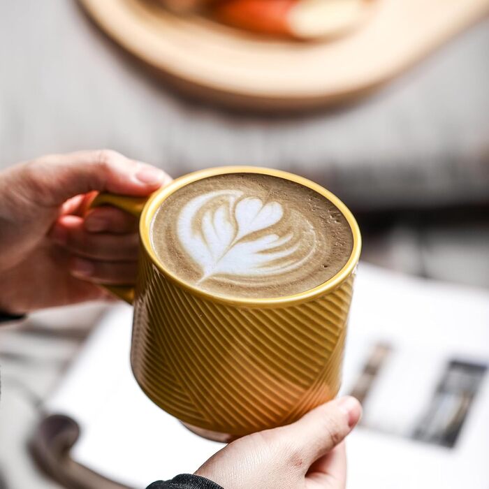 Набір кавових чашок з підставкою: 4 шт., 370 мл, кераміка, для лате/капучино, кольорові, Senfgelb