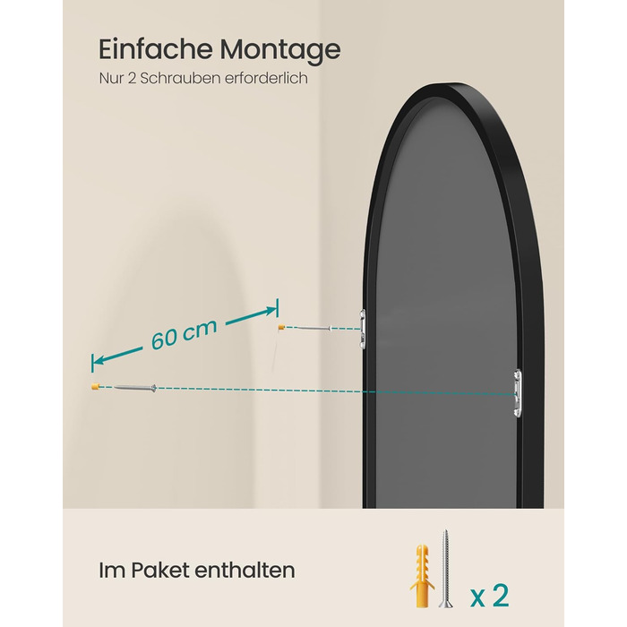 Дзеркало для ванної кімнати SONGMICS, настінне, з алюмінієвою рамою, 91 x 61 см, з захисною плівкою, 2 способи кріплення, для ванної, спальні, вітальні, LWM010BD01 (округле, чорний)