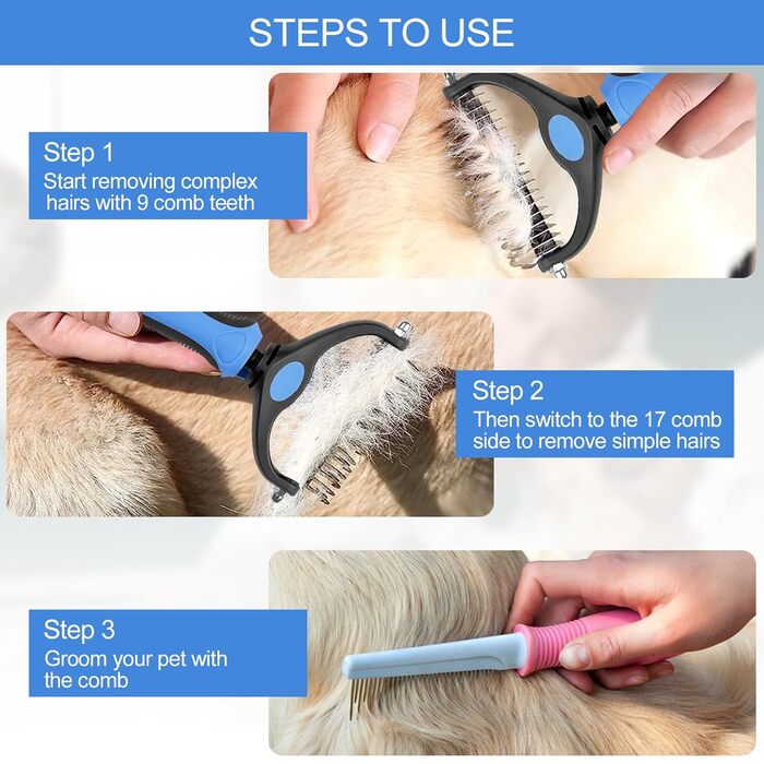 Щітка для собак з довгою шерстю з нержавіючої сталі, двостороння, 17+9 зубців, підходить для котів, проти ковтунів, отвір для підвішування в ручці