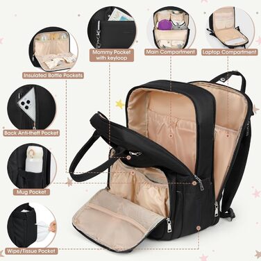 RAINSOMORE Backpack Diaper Bag - Backpack with Changing Pad - Large On-the-Go Diaper Bag - Multifunctional Baby Bag for Mom and Dad - Black