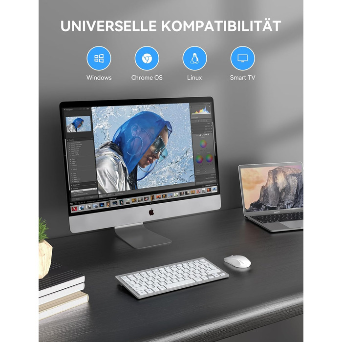 Бездротова клавіатура та миша TECKNET QWERTZ, 2.4 GHz, 15м, тиха, для ПК, ноутбука, Smart TV, білий/сріблястий