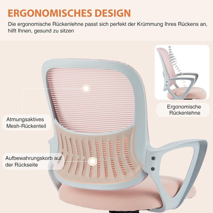 Ергономічне крісло Sweetcrispy для офісу та дому, з підтримкою попереку, регулюванням висоти та підлокітниками (рожевий)