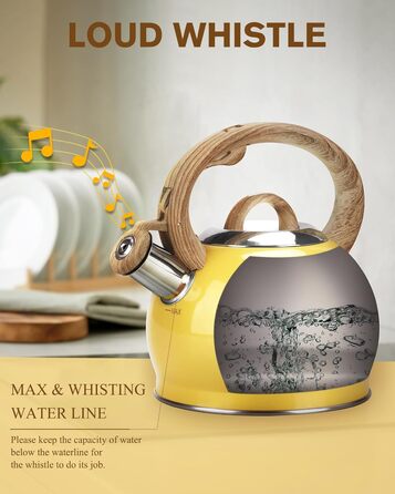 Чайник Teekessel 2.1 л з плитою, чайник з нержавіючої сталі з дерев'ястим малюнком, складаний ручка, підходить для всіх типів плит (Слонова кістка) (Жовтий)