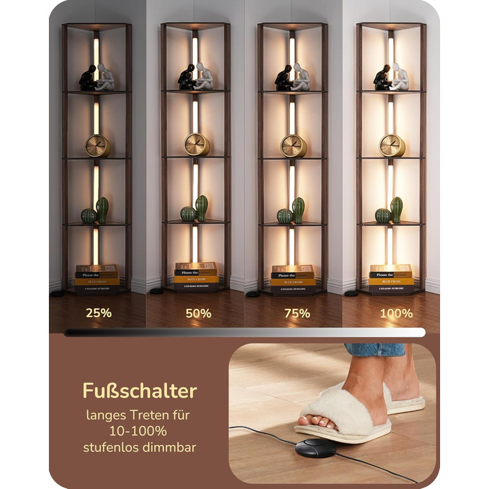 LED торшер EDISHINE з 4 полицями з дерева, торшер для вітальні, регульоване освітлення, 3 колірні температури, поворотний світловий стержень, підсвічування полиць, футовим вимикачем (темно-горіховий)