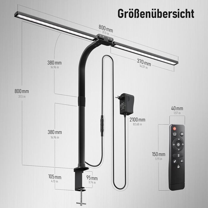 LED лампа для столу Jeebel 24W з двома головками, диммування, 1800LM, 80см, пульт ДК, 10 кольорів, 10 рівнів яскравості, для офісу