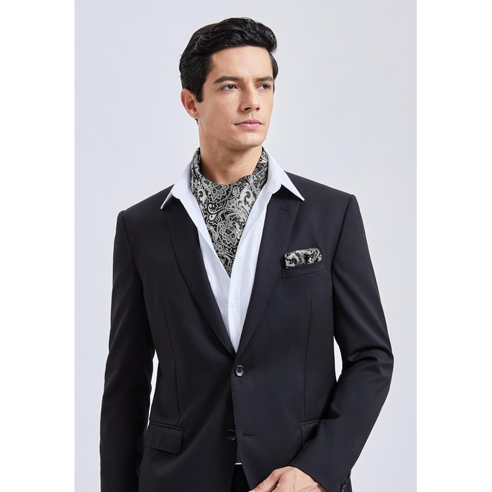 HISDERN Комплект краватка-снуд, краватка-аскот, хустинка для кишені чоловіча Paisley сіра/срібна для весілля та бізнесу