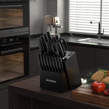 Astercook 21-Piece Kitchen Knife Set with Block - German Stainless Steel, Built-in Sharpener, Dishwasher Safe