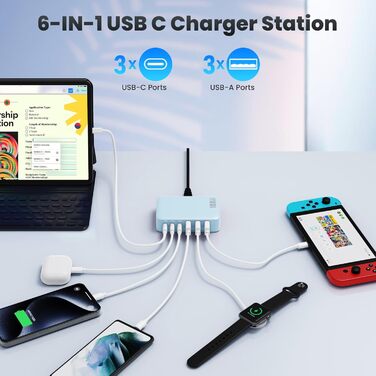 Зарядний пристрій USB-C 108W GaN III, 6 портів: 3x PD + 3x QC для iPhone 16/15, iPad, AirPods, Samsung, Switch (Синій)