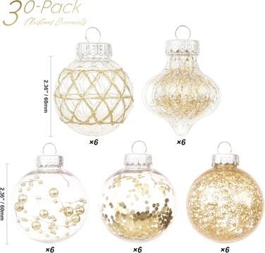 Набір прикрас для ялинки Sea Team 60 мм (30 шт.) — золоті кулі з малюнком та блискітками