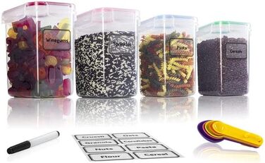 TNM Storage Container Set (4x1.6L), Airtight Food Storage Boxes for Kitchen - Plastic Containers with Lids, Cereal Dispenser & Freshness Containers, BPA-free Plastic, Storage for Noodles, Cereal, Rice, Flour - Coloured Food Container 1.6l
