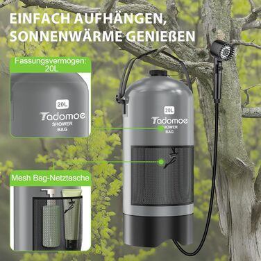 Сонячний душ для кемпінгу на 20 літрів з насосом, сумка та душ для відпочинку, подорожей та туризму (сірий)