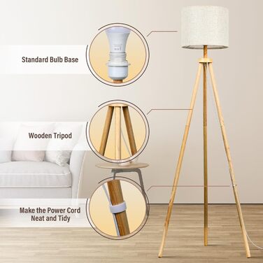 Стельова лампа для вітальні, LED, регулювання яскравості, 3 колірні температури, дерев'яна, з таймером, з абажуром, з вимикачем для вітальні, спальні, офісу