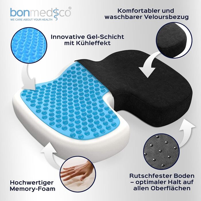 Ортопедична подушка для сидіння Bonmedico з Memory Foam Gel - для авто, офісу, інвалідного візка. Чорний велюр (Стандарт)