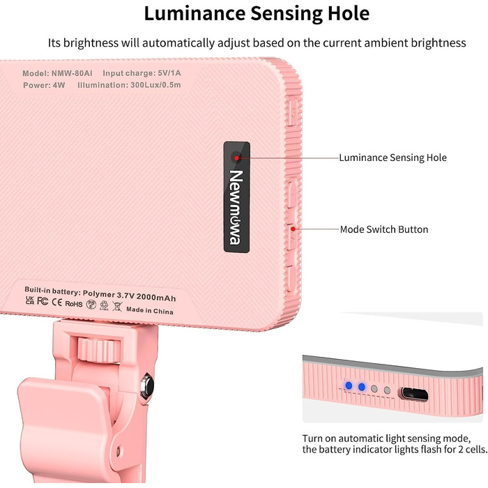 LED-відеолампа Newmowa NMW-80AI для селфі, TikTok, макіяжу та відеоконференцій (рожева)