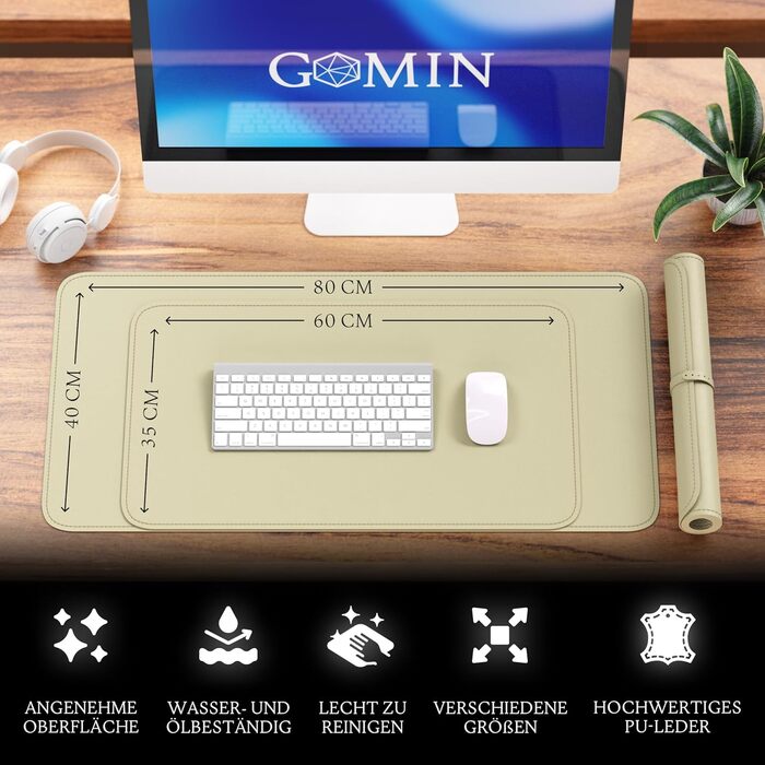 Килимок для столу GOMIN - PU шкіра, вологостійкий, антиковзний - 60x35 см | Mousepad XXL для офісу та дому