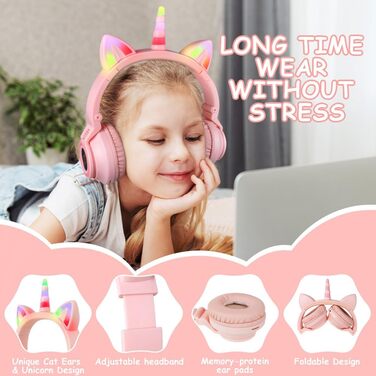 Дитячі навушники AXFEE з Bluetooth, котячі вушка, LED-підсвітка, Over-Ear, стерео, бездротові, з мікрофоном, Micro SD/TF, для телефону/планшета/ПК, рожеві