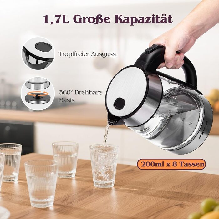 Електричний чайник Aigostar 1.7л, 2200W, LED, без BPA, скло Borosilikat, фільтр від накипу, чорний (Chubby)