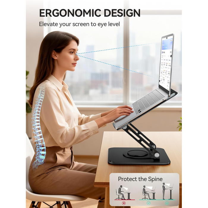 Підставка для ноутбука на стіл Tounee, регульована, 360° обертання, ергономічна, для MacBook Pro, Air та ноутбуків 10-16 дюймів – чорна