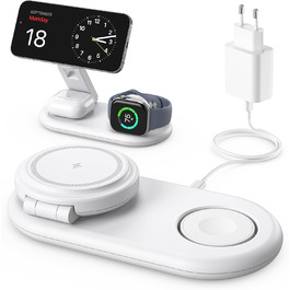Портативна зарядная станція 3-в-1 для Apple Watch та iPhone з MagSafe, сумісна з iPhone 17, 16, 15, 14, 13, 12, AirPods Pro (біла)