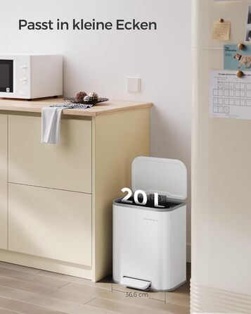 Відро для сміття SONGMICS 20 л з кришкою, з педаллю, сталеве, Soft-close, біле (LTB542W02)