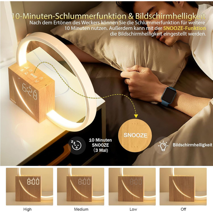 Нічна лампа Blonbar 10W з USB-зарядкою, будильник-світло, сенсорне керування, регулювання яскравості, нічник для дітей та дорослих, 3 рівні яскравості, для спальні та вітальні