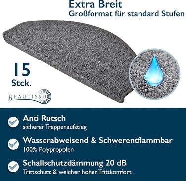 Beautissu Stair Treads - 55x15 cm - 15 Pack - Non-Slip Indoor Stair Mats - Carpet Stair Treads for Narrow Stairs - ProStair - Grey