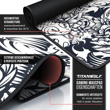 Ігровий килимок для миші TITANWOLF XXL Speed Gaming Mousepad, 900x400мм, чорний, дизайн Koi — великий килимок на весь стіл для підвищення точності та швидкості