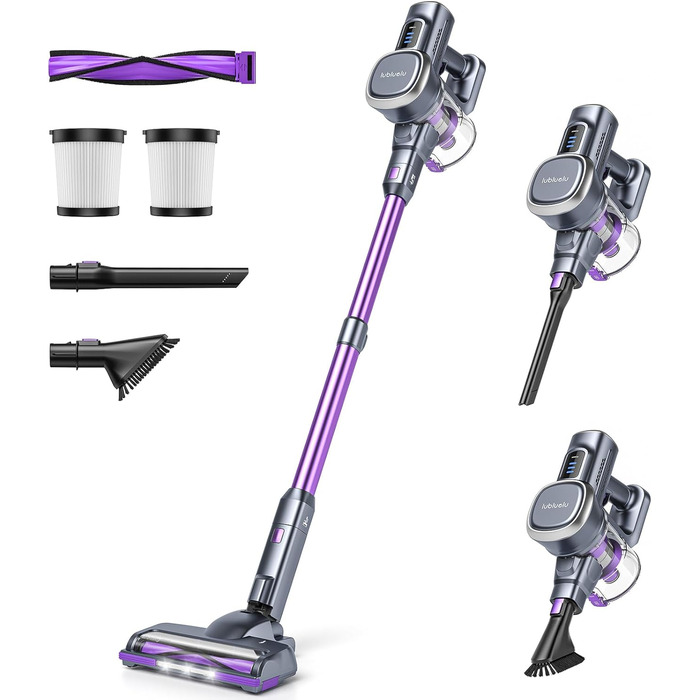 Бездротовий пилосос Lubluelu 27000Pa з акумулятором, 220W, 50 хвилин роботи, 2 насадки та 2 фільтри для твердих поверхонь, фіолетовий