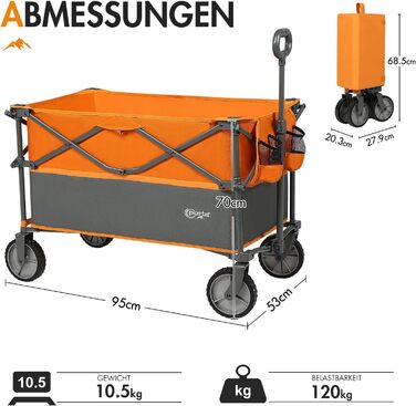 Візок-садовий портативний Bollerwagen 300L XXL помаранчевий - для саду, кемпінгу, пляжу, фестивалів. З навантаженням до 120 кг, тримач для напоїв, бічна кишеня.